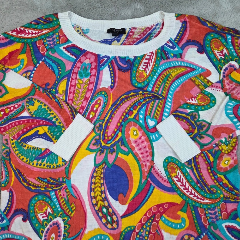 Talbots Paisley Knit Sweater Women SP Petite Cotton Crew Neck Multi-Color Bright